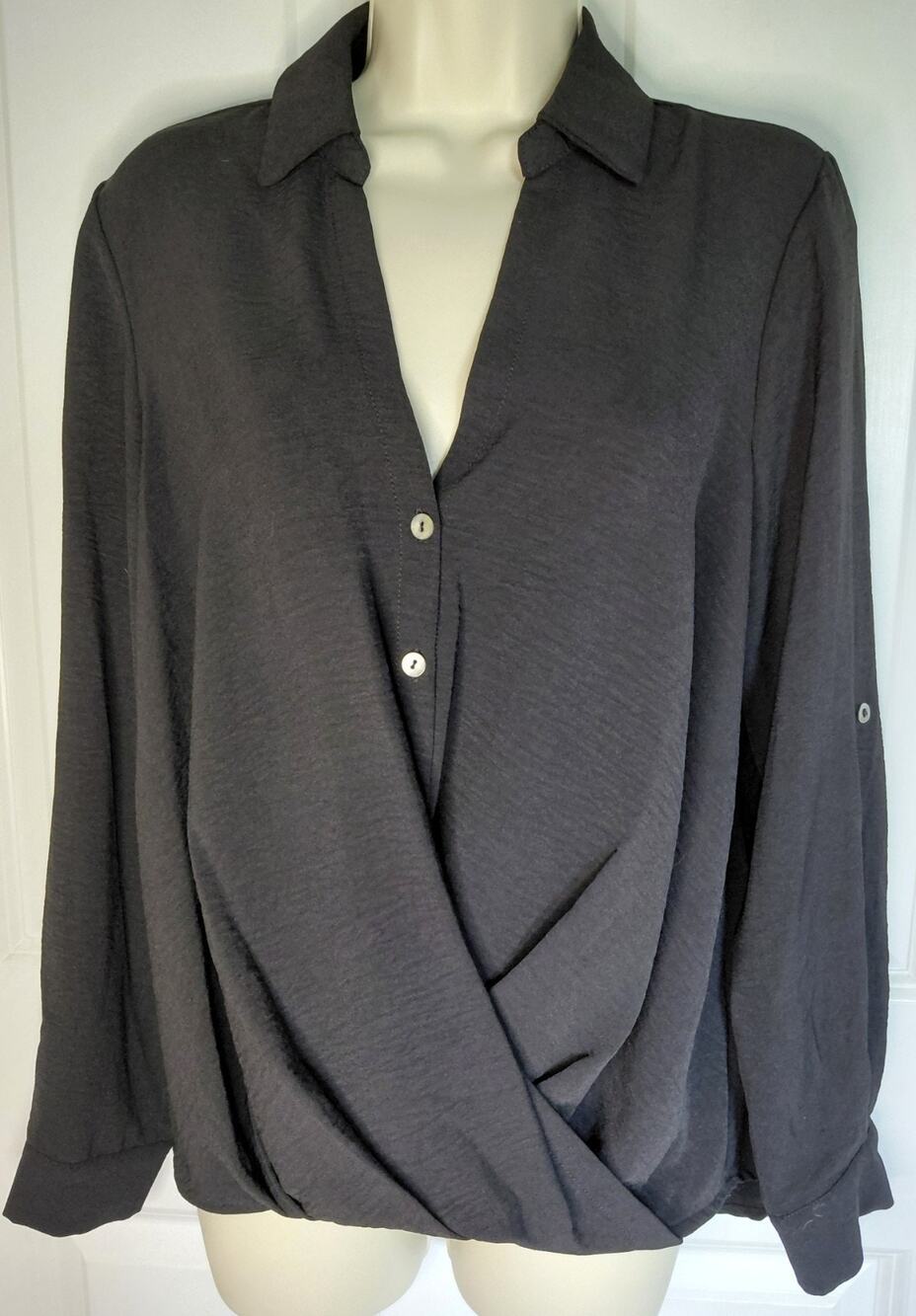 Status by Chenault Black Faux Wrap Surplice Blouse Size Medium Chic Minimalist
